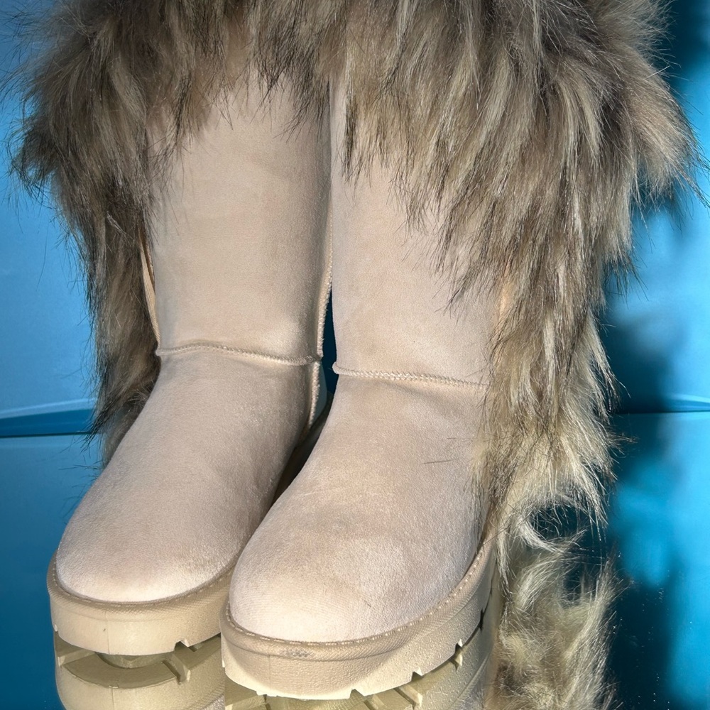 BAMBOO Beige and Gray Fur Ankle Boots